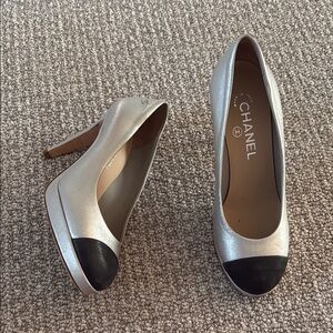 Chanel Pumps Heels Cap Toe Silver Grey Black Shoes 36.5
